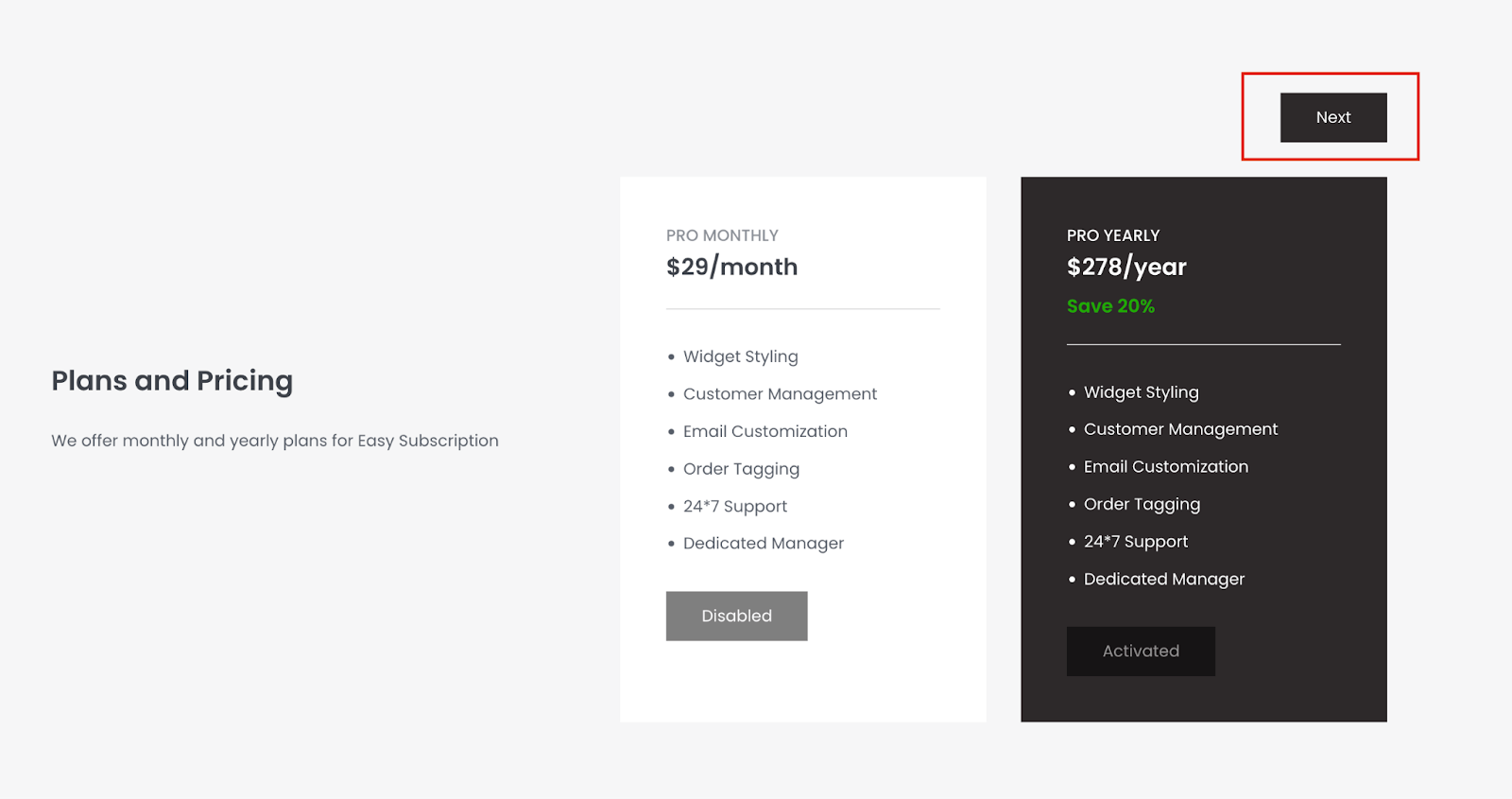 subscription plan for the Easy Subscription app