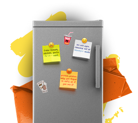 Illustration of a fridge covered with sticky notes representing automated subscription management with Easy Subscriptions