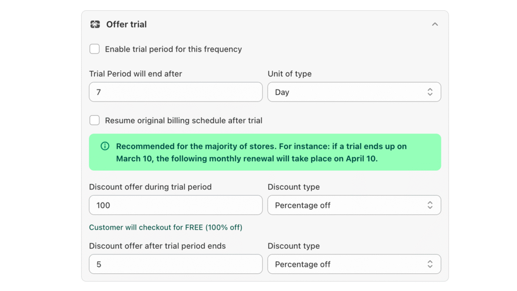 Shopify subscription trial period setup with billing schedule and discount options