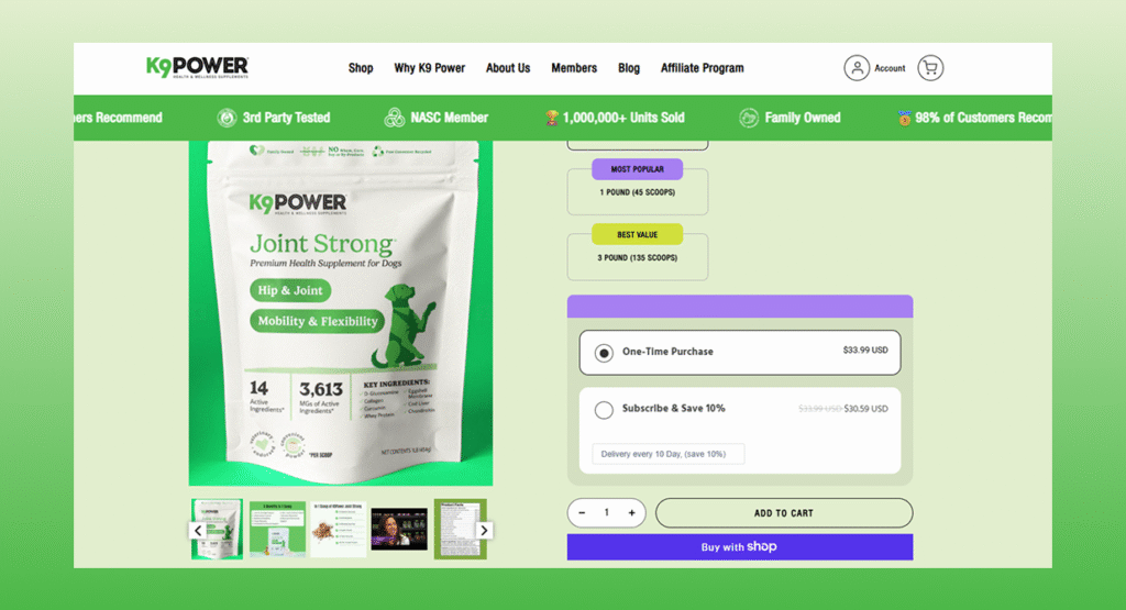 Subscribe and save widget on K9 Power Shopify store