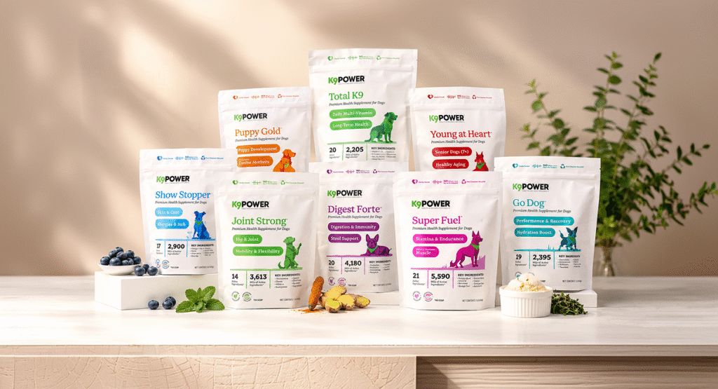 K9 Power dog supplements collection with wellness and nutrition products