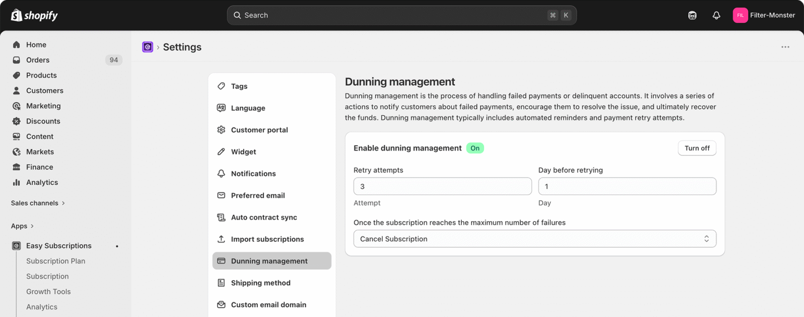 Dunning management Shopify
