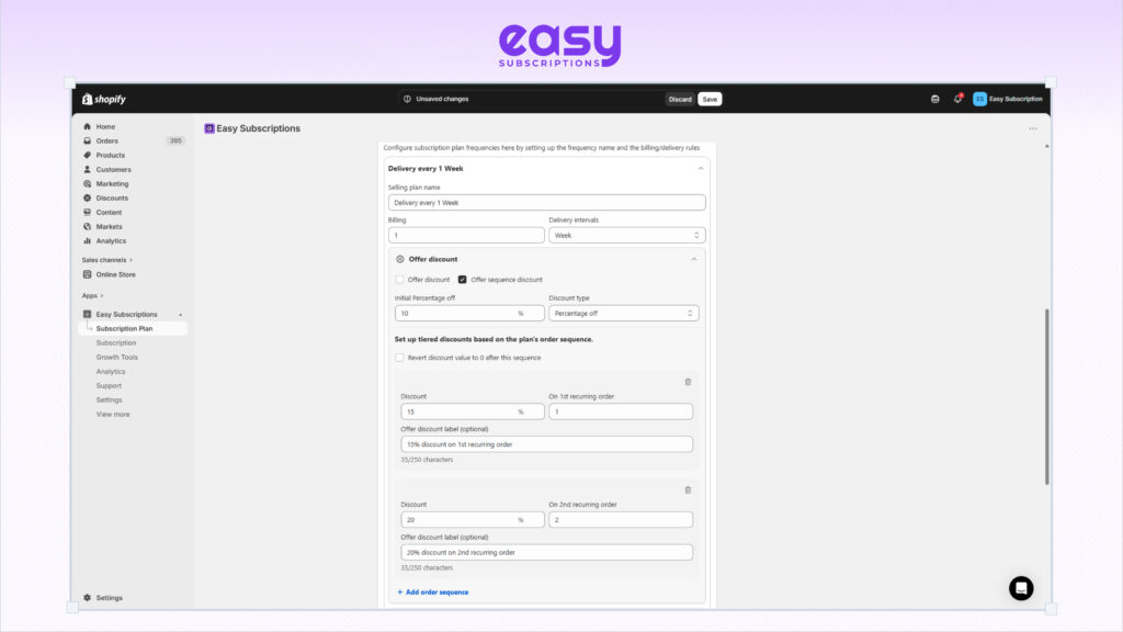 Shopify sequence discount configuration in Easy Subscriptions