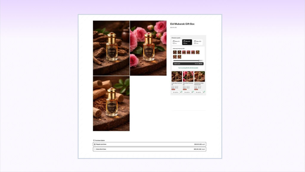 Shopify product page showing a mix-and-match gift box bundle with selected products and regular purchase or subscribe and save options.