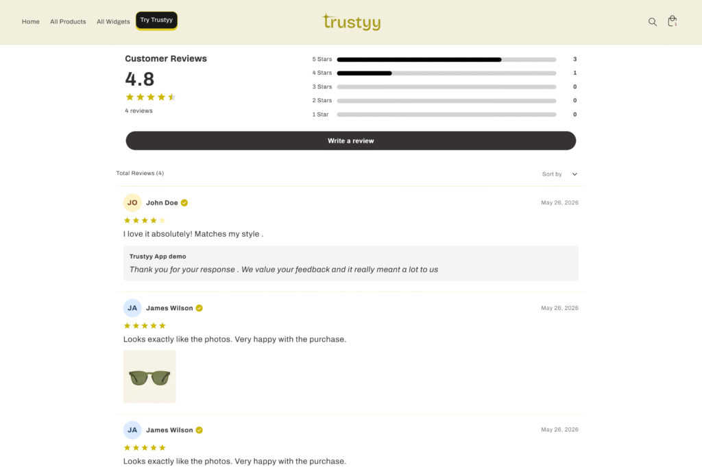 Trustyy Reviews Shopify product review widget with ratings, customer feedback, and photo reviews.