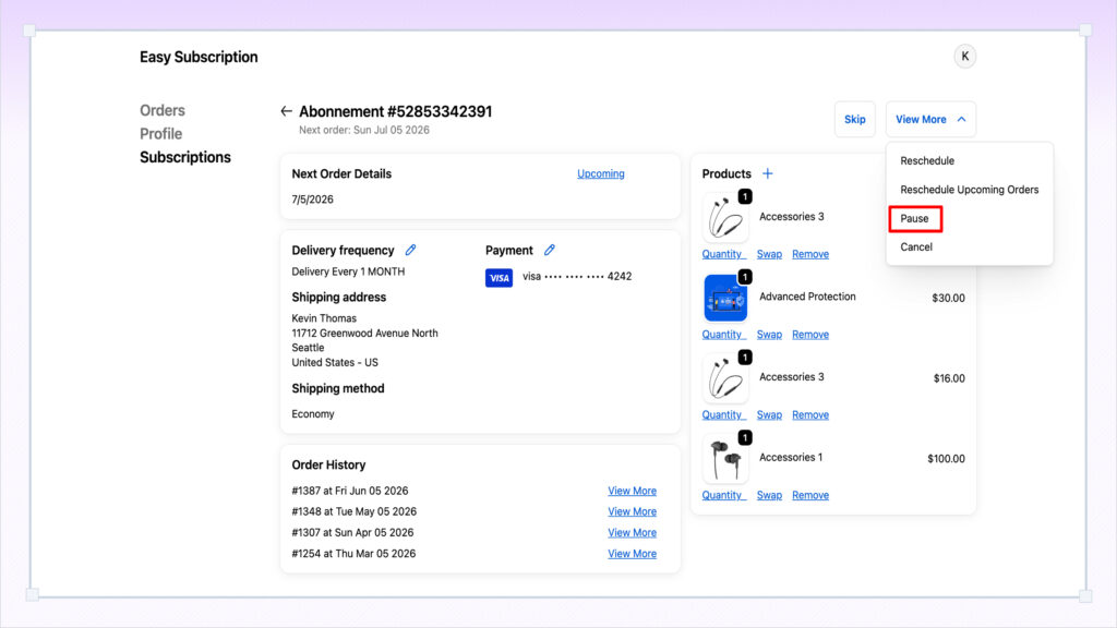 Easy Subscriptions customer portal showing the Pause subscription option to temporarily stop recurring deliveries