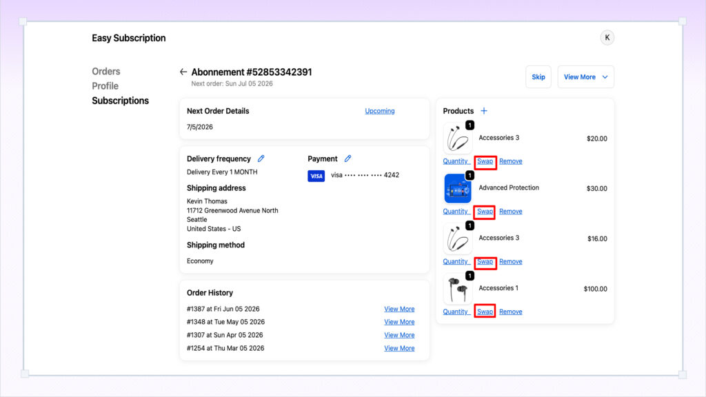 Easy Subscriptions customer portal allowing subscribers to swap products without canceling their subscription